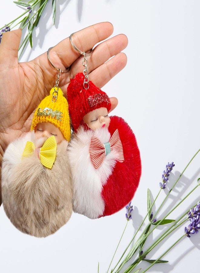 ZAFCO Mini Plush Pom Pom Doll Keychain - Cute Sleeping Baby Key Ring for Girls || Fluffy Bag Charm for Women, Girls, Backpack & Purse Accessories Multicolor Random- 2 Pieces (Mini Doll Keychain 2) - Image 4